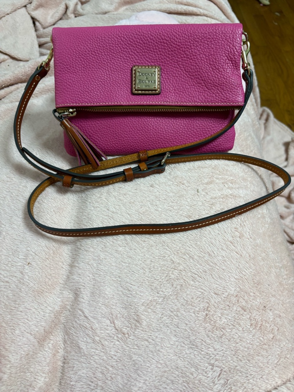 Dooney & Bourke Hot Pink Pebbled Leather Crossbody with Tan Strap